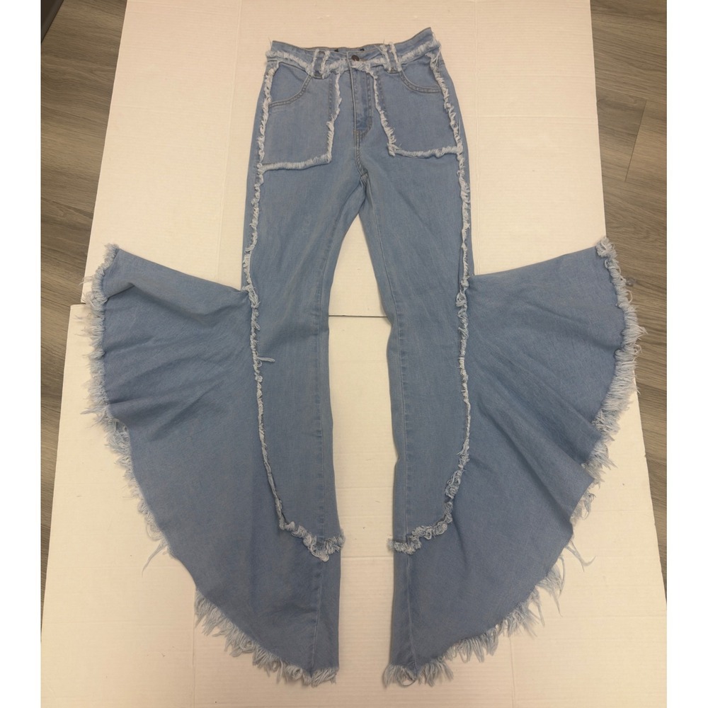 Unbranded Ruffle Flare Jeans Womens 28 Light Blue Frayed Avant Garde Boho Chic - Picture 3 of 9